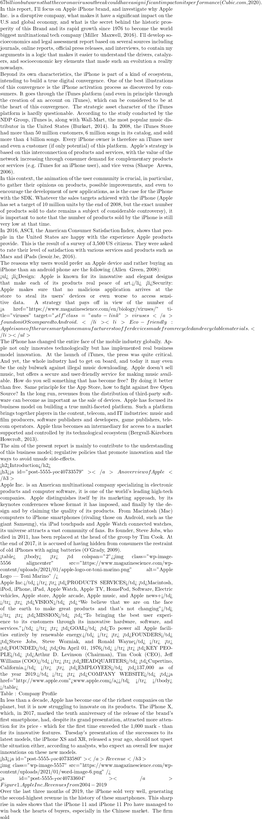 Rendered by QuickLaTeX.com 67 billion but warns that the coronavirus outbreak could have a significant impact on its performance (Cubic.com, 2020).  In this report, I'll focus on Apple iPhone brand, and investigate why Apple Inc. is a disruptive company, what makes it have a significant impact on the U.S and global economy, and what is the secret behind the historic prosperity of this Brand and its rapid growth since 1976 to become the world biggest multinational tech company (Miller & Maxwell, 2016). I'll develop socioeconomics and legal assessment report based on several sources including journals, online reports, official press releases, and interviews, to contain my arguments in a logic that makes it easier to understand the drivers, catalyzers, and socioeconomic key elements that made such an evolution a reality nowadays.  Beyond its own characteristics, the iPhone is part of a kind of ecosystem, intending to build a true digital convergence. One of the best illustrations of this convergence is the iPhone activation process as discovered by consumers. It goes through the iTunes platform (and even in principle through the creation of an account on iTunes), which can be considered to be at the heart of this convergence. The strategic asset character of the iTunes platform is hardly questionable. According to the study conducted by the NDP Group, iTunes is, along with Wall-Mart, the most popular music distributor in the United States (Burkart, 2014). In 2008, the iTunes Store had more than 50 million customers, 6 million songs in its catalog, and sold more than 4 billion songs. Every iPhone owner is therefore an iTunes user and even a customer (if only potential) of this platform. Apple's strategy is based on this interconnection of products and services, with the value of the network increasing through consumer demand for complementary products or services (e.g. iTunes for an iPhone user), and vice versa (Sharpe & Arewa, 2006).  In this context, the animation of the user community is crucial, in particular, to gather their opinions on products, possible improvements, and even to encourage the development of new applications, as is the case for the iPhone with the SDK. Whatever the sales targets achieved with the iPhone (Apple has set a target of 10 million units by the end of 2008, but the exact number of products sold to date remains a subject of considerable controversy), it is important to note that the number of products sold by the iPhone is still very low at that time.  In 2016, ASCI, the American Consumer Satisfaction Index, shows that people in the United States are happy with the experience Apple products provide. This is the result of a survey of 3,500 US citizens. They were asked to rate their level of satisfaction with various services and products such as Macs and iPads (lesoir.be, 2016).  The reasons why users would prefer an Apple device and rather buying an iPhone than an android phone are the following (Allen & Green, 2008):  <ul>     <li>Design: Apple is known for its innovative and elegant designs that make each of its products real peace of art.</li>     <li>Security: Apple makes sure that no malicious application arrives at the store to steal its users' devices or even worse to access sensitive data. A strategy that pays off in view of the number of <a href="https://www.magazinescience.com/en/biology/viruses/" title="viruses" target="_self" class="auto-link" >viruses</a> found on iOS compared to Android.</li>     <li>Eco-friendly: Apple is one of the rare smartphone manufacturers to offer devices made from recycled and recyclable materials.</li> </ul>  The iPhone has changed the entire face of the mobile industry globally. Apple not only innovates technologically but has implemented real business model innovation. At the launch of iTunes, the press was quite critical. And yet, the whole industry had to get on board, and today it may even be the only bulwark against illegal music downloading. Apple doesn't sell music, but offers a secure and user-friendly service for making music available. How do you sell something that has become free? By doing it better than free. Same principle for the App Store, how to fight against free Open Source? In the long run, revenues from the distribution of third-party software can become as important as the sale of devices. Apple has focused its business model on building a true multi-faceted platform. Such a platform brings together players in the content, telecom, and IT industries: music and film producers, software publishers and developers, game publishers, telecom operators. Apple thus becomes an intermediary for access to a market supported and controlled by its technological ecosystem (Bergvall-Kåreborn & Howcroft, 2013).  The aim of the present report is mainly to contribute to the understanding of this business model; regulative policies that promote innovation and the ways to avoid unsafe side-effects.  <h2>Introduction</h2>  <h3><a id="post-5555-_Toc40733579"></a>An overview of Apple</h3>  Apple Inc. is an American multinational company specializing in electronic products and computer software, it is one of the world's leading high-tech companies. Apple distinguishes itself by its marketing approach, by its keynotes conferences whose format it has imposed, and finally by the design and by claiming the quality of its products. From Macintosh (Mac) computers to iPhone smartphones (rivaling those on Android, such as the giant Samsung), via iPad touchpads and Apple Watch connected watches, its universe attracts a vast community of fans. Its founder, Steve Jobs, who died in 2011, has been replaced at the head of the group by Tim Cook. At the end of 2017, it is accused of having hidden from consumers the restraint of old iPhones with aging batteries (O'Grady, 2009).  <table> <tbody> <tr> <td colspan="2"><img class="wp-image-5556 aligncenter" src="https://www.magazinescience.com/wp-content/uploads/2021/01/apple-logo-or-toni-marino.png" alt="Apple Logo | Toni Marino" />  Apple Inc.</td> </tr> <tr> <td>PRODUCTS & SERVICES</td> <td>Macintosh, iPod, iPhone, iPad, Apple Watch, Apple TV, HomePod, Software, Electric vehicles, Apple store, Apple arcade, Apple music, and Apple news+</td> </tr> <tr> <td>VISION</td> <td>``We believe that we are on the face of the earth to make great products and that's not changing''</td> </tr> <tr> <td>MISSION</td> <td>``To bringing the best user experience to its customers through its innovative hardware, software, and services.''</td> </tr> <tr> <td>GOAL</td> <td>To power all Apple facilities entirely by renewable energy.</td> </tr> <tr> <td>FOUNDERS</td> <td>Steve Jobs, Steve Wozniak, and Ronald Wayne</td> </tr> <tr> <td>FOUNDED</td> <td>On April 01, 1976</td> </tr> <tr> <td>KEY PEOPLE</td> <td>Arthur D. Levinson (Chairman), Tim Cook (CEO), Jeff Williams (COO)</td> </tr> <tr> <td>HEADQUARTERS</td> <td>Cupertino, California.</td> </tr> <tr> <td>EMPLOYEES</td> <td>137,000 as of the year 2019.</td> </tr> <tr> <td>COMPANY WEBSITE</td> <td><a href="http://www.apple.com">www.apple.com</a></td> </tr> </tbody> </table>  Table : Company Profile  In less than a decade, Apple has become one of the richest companies on the planet, but it is now struggling to innovate on its products. The iPhone X, which, in 2017, marked the tenth anniversary of the release of the brand's first smartphone, had, despite its grand presentation, attracted more attention for its price - which for the first time exceeded the €1,000 mark - than for its innovative features. Tuesday's presentation of the successors to its latest models, the iPhone XS and XR, released a year ago, should not upset the situation either, according to analysts, who expect an overall few major innovations on these new models.  <h3><a id="post-5555-_Toc40733580"></a>Revenue</h3>  <img class="wp-image-5557" src="https://www.magazinescience.com/wp-content/uploads/2021/01/word-image-6.png" />  <a id="post-5555-_Toc40733604"></a> Figure 1. Apple Inc. Revenues from 2004-2019  Over the last three months of 2019, the iPhone sold very well, generating the second-highest revenue in the history of these smartphones. This sharp rise in sales shows that the iPhone 11 and iPhone 11 Pro have managed to win back the hearts of buyers, especially in the Chinese market. The firm sold