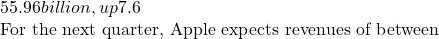Rendered by QuickLaTeX.com 55.96 billion, up 7.6% over 2019. The iPhone 11 and iPhone 11 Pro have visibly seduced consumers and are enabling the smartphone to post growth that Apple has not seen in a year.  For the next quarter, Apple expects revenues of between